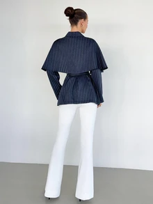 Siren Gaze Women's Fashion Casual Elegant Commuter Striped Shawl Collar Blazer 2 Pieces Set Business Office Work Navy Blue Autumn - Navy Blue - View 4