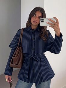 Siren Gaze Women's Fashion Casual Elegant Commuter Striped Shawl Collar Blazer 2 Pieces Set Business Office Work Navy Blue Autumn - Navy Blue - View 2