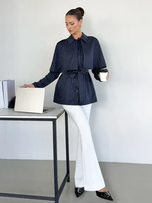 Siren Gaze Women's Fashion Casual Elegant Commuter Striped Shawl Collar Blazer 2 Pieces Set Business Office Work Navy Blue Autumn - Navy Blue - View 7