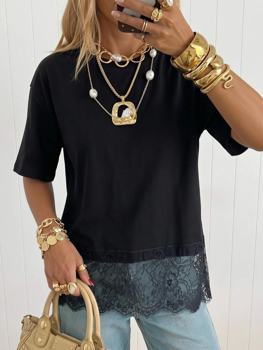 SHEIN EZwear Women T-Shirts,Summer Top - Black - View 1