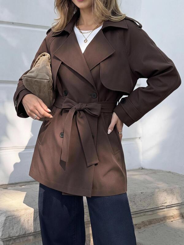 EMERY ROSE Raglan Sleeve Double Breasted Belted Trench Coat Office Dark Brown Autumn Elegant Women's Windbreaker Fall Outfits Autumn Outfit For Women