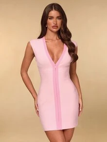 SHEIN BAE Gaun Mini Seksi Bodycon Tanpa Lengan Leher V Dalam Warna Merah Muda Pucat Musim Gugur Musim Dingin untuk Pesta Thanksgiving dan Brunch - Berwarna merah muda - View 6