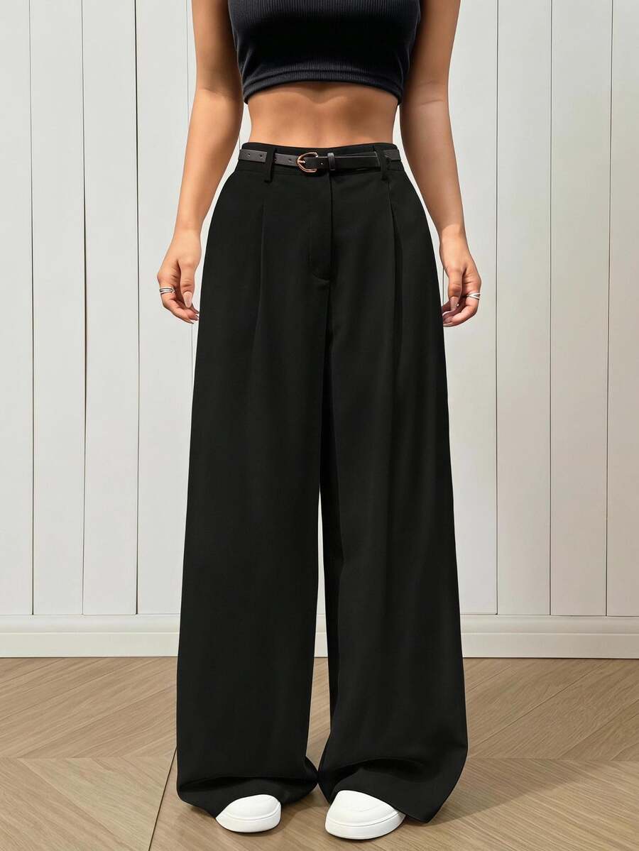 SHEIN EZwear 女款高腰繫腰寬腿長褲 黑色 秋冬休閒俐落通勤辦公商務女裝 鈕扣口袋拉鍊直筒寬鬆長褲 - 黑色 - 查看 1