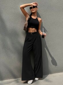 SHEIN EZwear 女款高腰繫腰寬腿長褲 黑色 秋冬休閒俐落通勤辦公商務女裝 鈕扣口袋拉鍊直筒寬鬆長褲 - 黑色 - 查看 6