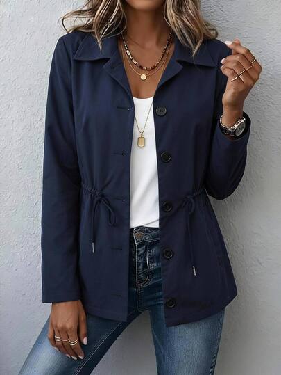 EMERY ROSE Jaket Wanita Baru Warna Polos Lengan Panjang Kancing Tunggal Ikat Pinggang Kasual Potongan Reguler Jaket Kantor Perjalanan Bisnis Kerja Biru Tua Musim Gugur
