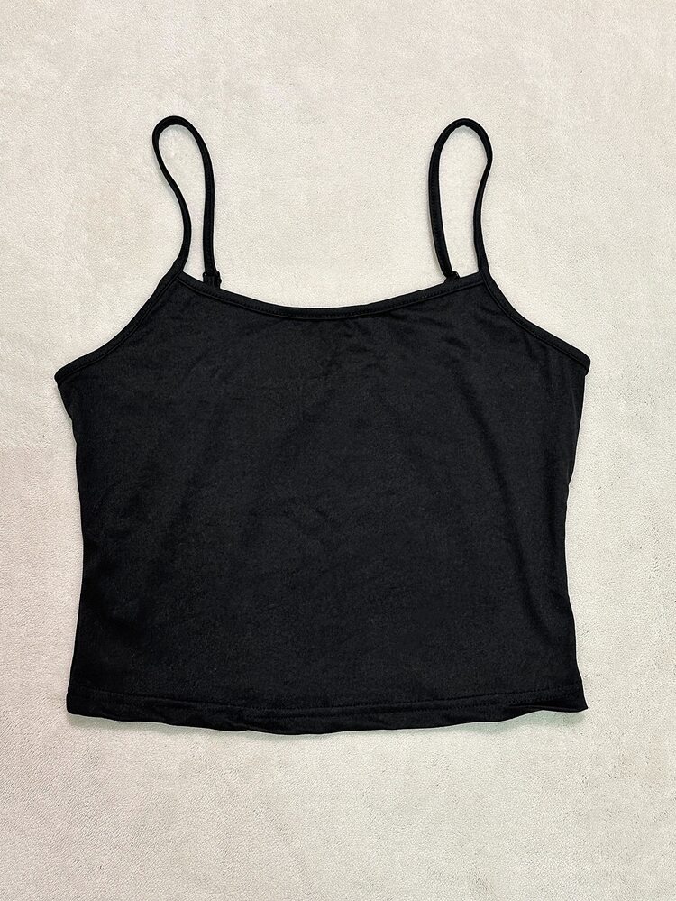 SHEIN EZwear Camiseta de tirantes corta de color liso, top ajustado de mujer adecuado para el verano - Negro - Añade 7