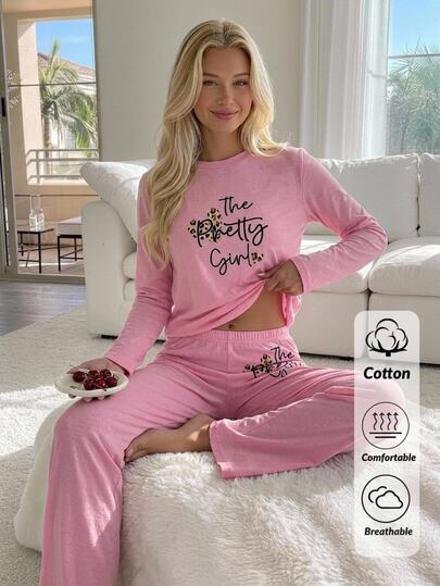 SHEIN Cottnline Plus Cotton Line Women Leopard Letter Print Pink Round Neck Long Sleeve Top High Waist Comfy Pants