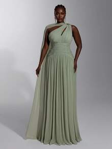Elitara Plus Size Elegant Classy Ruched Slit Skirt Dress, Sage Green High Elastic Knit Mesh Fabric Bandeau Cinched Waist Dinner Formal Evening Fall - Mint Green - View 4