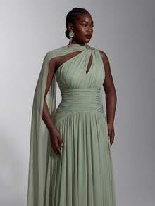 Elitara Plus Size Elegant Classy Ruched Slit Skirt Dress, Sage Green High Elastic Knit Mesh Fabric Bandeau Cinched Waist Dinner Formal Evening Fall - Mint Green - View 3