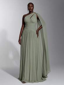 Elitara Plus Size Elegant Classy Ruched Slit Skirt Dress, Sage Green High Elastic Knit Mesh Fabric Bandeau Cinched Waist Dinner Formal Evening Fall - Mint Green - View 8