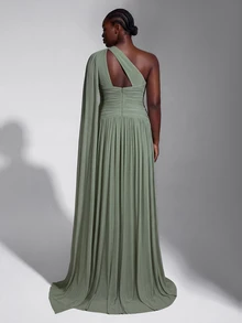 Elitara Plus Size Elegant Classy Ruched Slit Skirt Dress, Sage Green High Elastic Knit Mesh Fabric Bandeau Cinched Waist Dinner Formal Evening Fall - Mint Green - View 5