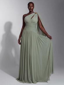 Elitara Plus Size Elegant Classy Ruched Slit Skirt Dress, Sage Green High Elastic Knit Mesh Fabric Bandeau Cinched Waist Dinner Formal Evening Fall - Mint Green - View 6