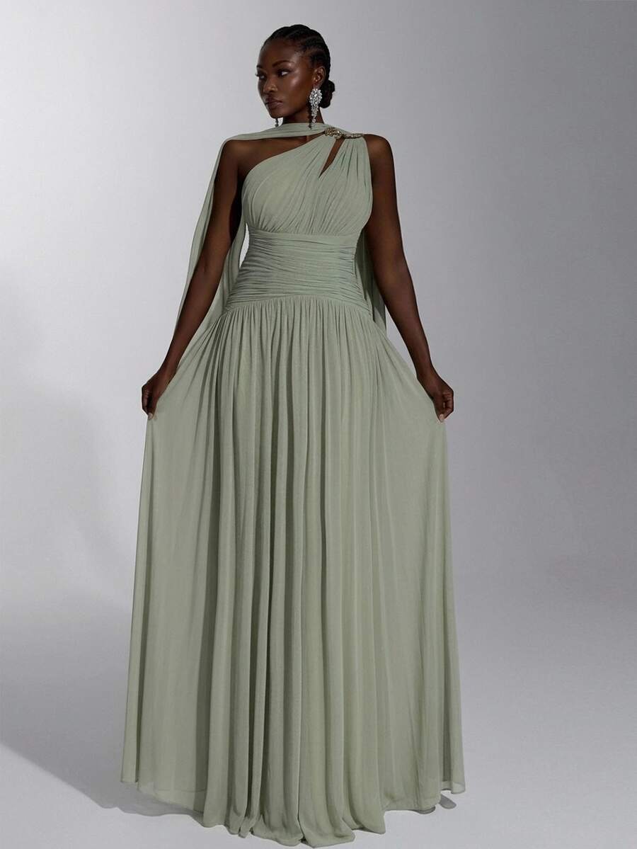 Elitara Plus Size Elegant Classy Ruched Slit Skirt Dress, Sage Green High Elastic Knit Mesh Fabric Bandeau Cinched Waist Dinner Formal Evening Fall