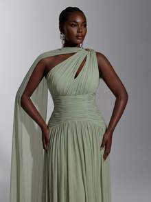 Elitara Plus Size Elegant Classy Ruched Slit Skirt Dress, Sage Green High Elastic Knit Mesh Fabric Bandeau Cinched Waist Dinner Formal Evening Fall - Mint Green - View 9