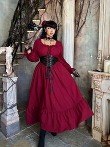 Lyrianda Gaun Ukuran Besar Model A-Line dengan Kerah Persegi Berlian, Pinggang Ramping, Warna Kontras, Bahan PU, Tali Pengikat Lubang, Lengan Panjang, dan Detail Lipatan Patchwork. - Burgundy - View 4