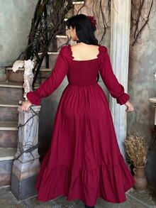 Lyrianda Gaun Ukuran Besar Model A-Line dengan Kerah Persegi Berlian, Pinggang Ramping, Warna Kontras, Bahan PU, Tali Pengikat Lubang, Lengan Panjang, dan Detail Lipatan Patchwork. - Burgundy - View 3