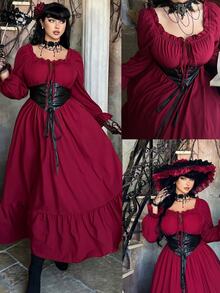Lyrianda Gaun Ukuran Besar Model A-Line dengan Kerah Persegi Berlian, Pinggang Ramping, Warna Kontras, Bahan PU, Tali Pengikat Lubang, Lengan Panjang, dan Detail Lipatan Patchwork. - Burgundy - View 1