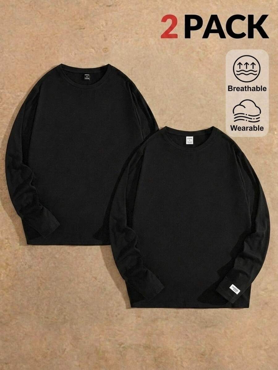 HIMLAND 2pcs Men's Black Long Sleeve T-Shirt Crew Neck Solid Color Slim Fit Casual All-Match Tops Base Layer Autumn Minimalist House Wedding - Black - View 1