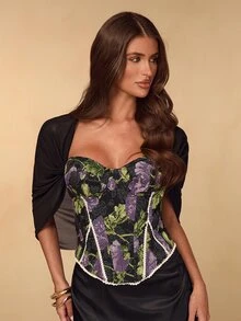 SHEIN BAE ملابس علوية نسائية برباط على شكل عظم السمكة مع حافة متباينة بنقشة زهرية منسوجة باللون الأسود لفصلي الربيع والخريف - الأسود - مشاهدة 5