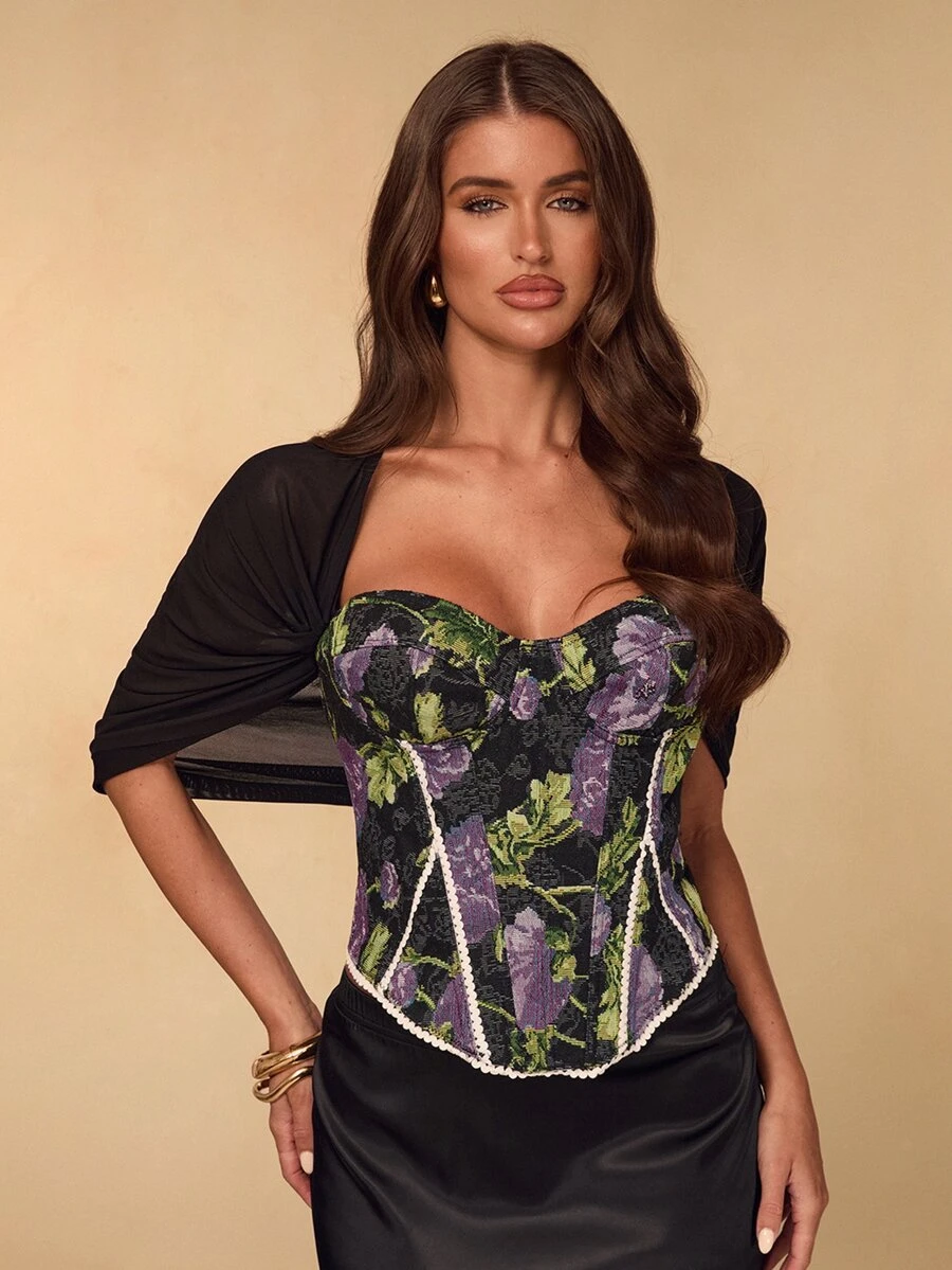 SHEIN BAE ملابس علوية نسائية برباط على شكل عظم السمكة مع حافة متباينة بنقشة زهرية منسوجة باللون الأسود لفصلي الربيع والخريف - الأسود - مشاهدة 1