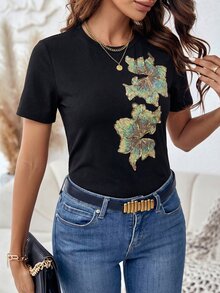Amorya 女款優雅性感夏季馬卡龍色系花卉圓領棉質T恤，收腰修身精緻上衣，百搭早午餐、Y2K風格高爾夫上衣 - 黑色 - 查看 3