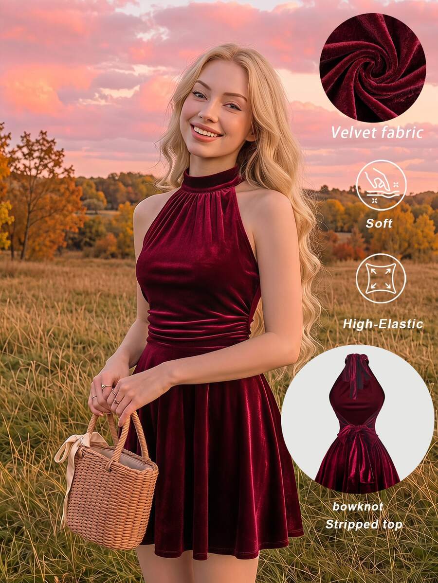 SHEIN MOD Women Elegant Burgundy Velvet Backless Halter Mini Dress With Bow Tie Back And Pleated Skirt For Evening Party,Party Dress, Halloween Dress - Burgundy - View 1