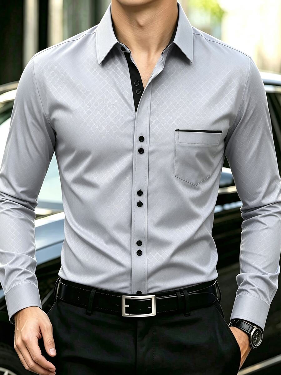 Manfinity Mode Men's Formal Casual Streetwear Versatile Commute Striped Patchwork Long Sleeve Shirt - Light Grey - View 1