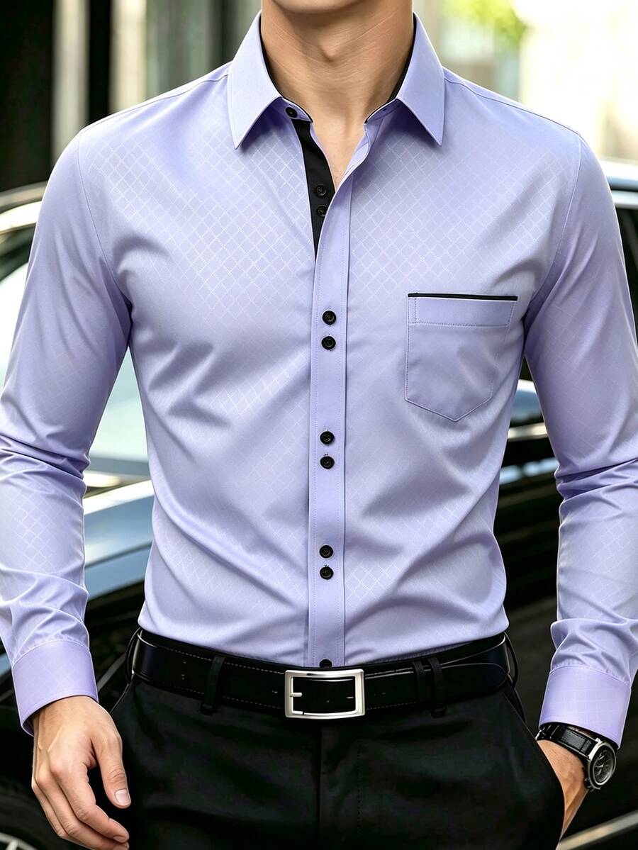 Manfinity Mode Men's Formal Casual Streetwear Versatile Commute Striped Patchwork Long Sleeve Shirt - Mauve Purple - View 1