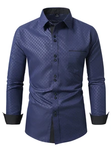 Manfinity Mode Men's Formal Casual Streetwear Versatile Commute Striped  Patchwork Long Sleeve Shirt - Navy Blue - View 3