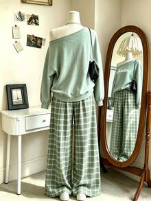 INAWLY Women's Casual Drop Shoulder Sweatshirt & Plaid Pants Set - Mint Green - View 2