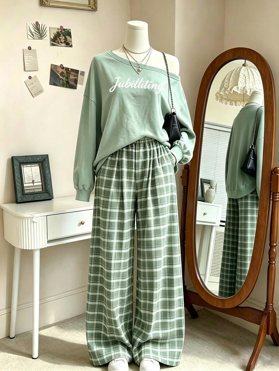 INAWLY Women's Casual Drop Shoulder Sweatshirt & Plaid Pants Set - Mint Green - View 1