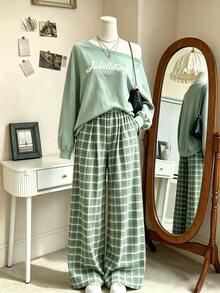 INAWLY Women's Casual Drop Shoulder Sweatshirt & Plaid Pants Set - Mint Green - View 3