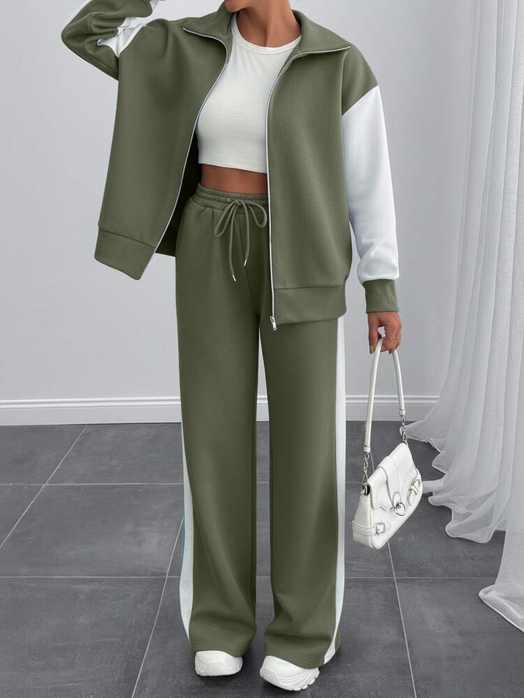 SHEIN Tall Size Women's Olive Green Solid Casual Streetwear Long Sleeve Sweatshirt Sweatpants With Stand-Up Vacation Lounge Autumn Travel - Army Green - View 12