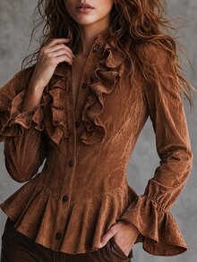 SHEIN Blusa de mujer con diseño de volantes elegante y tacto de terciopelo de otoño, camisa casual de mujer, prenda exterior de mujer - Marrón - Ver 5