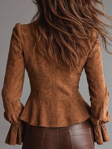 SHEIN Blusa de mujer con diseño de volantes elegante y tacto de terciopelo de otoño, camisa casual de mujer, prenda exterior de mujer - Marrón - Ver 4