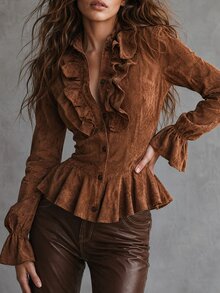 SHEIN Blusa de mujer con diseño de volantes elegante y tacto de terciopelo de otoño, camisa casual de mujer, prenda exterior de mujer - Marrón - Ver 3