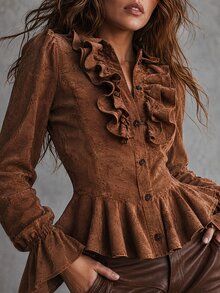SHEIN Blusa de mujer con diseño de volantes elegante y tacto de terciopelo de otoño, camisa casual de mujer, prenda exterior de mujer - Marrón - Ver 6