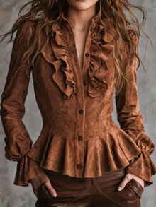SHEIN Blusa de mujer con diseño de volantes elegante y tacto de terciopelo de otoño, camisa casual de mujer, prenda exterior de mujer - Marrón - Ver 2