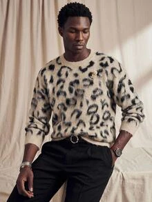 Vientiro Men's Loose Casual Leopard Print Crew Neck Long Sleeve Knit Sweater, For Spring - Apricot - View 1