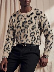 Vientiro Men's Loose Casual Leopard Print Crew Neck Long Sleeve Knit Sweater, For Spring - Apricot - View 7