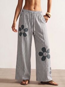 Bohemela Women's Floral Patchwork T-Shirt And Striped Pants 2 Pieces Set - Black and White - View 3