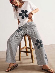 Bohemela Women's Floral Patchwork T-Shirt And Striped Pants 2 Pieces Set - Black and White - View 2