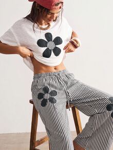 Bohemela Women's Floral Patchwork T-Shirt And Striped Pants 2 Pieces Set - Black and White - View 1