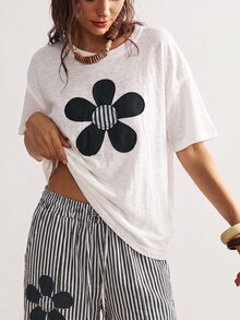 Bohemela Women's Floral Patchwork T-Shirt And Striped Pants 2 Pieces Set - Black and White - View 6