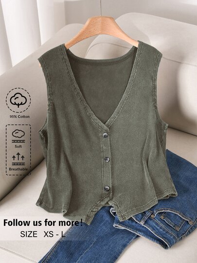 Story & Sage Casual Vacation Women's Tank Top Spring Summer Slim Fit Vest Snowflake Pattern Button Vest Black Tank Top