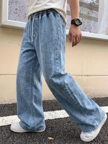 Teen Boy Drawstring Waist Casual Versatile Daily Wear Denim Jeans - Light Wash - View 5