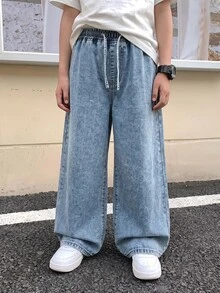 Teen Boy Drawstring Waist Casual Versatile Daily Wear Denim Jeans - Light Wash - View 3