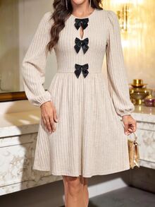 Amorya Women's Bow Decor Bubble Long Sleeve Elegant Midi Dress - Multicolor - View 3