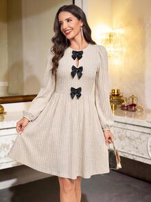 Amorya Women's Bow Decor Bubble Long Sleeve Elegant Midi Dress - Multicolor - View 4