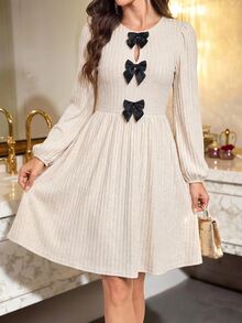 Amorya Women's Bow Decor Bubble Long Sleeve Elegant Midi Dress - Multicolor - View 6